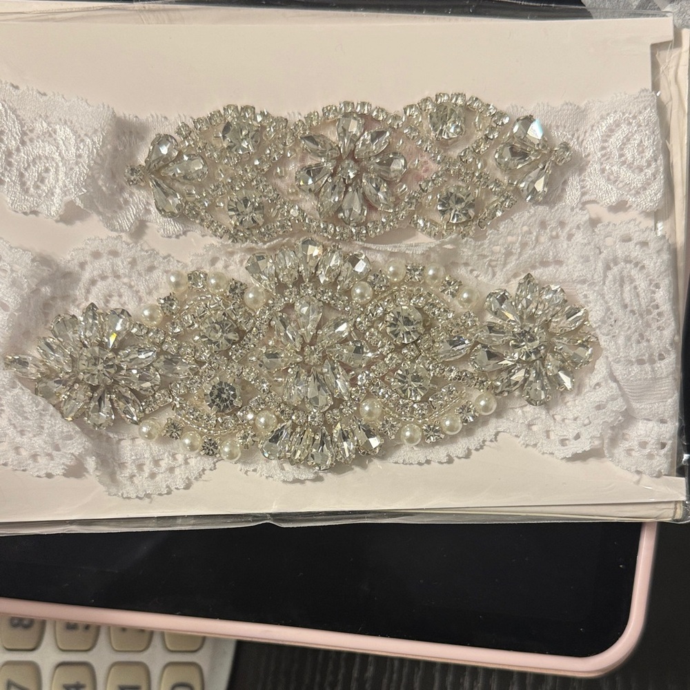 Crystal-Embellished White Lace Bridal Garter Set